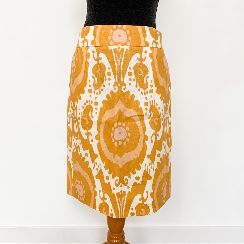 J. Crew 100% Linen Mustard Yellow Ivory Skirt 0